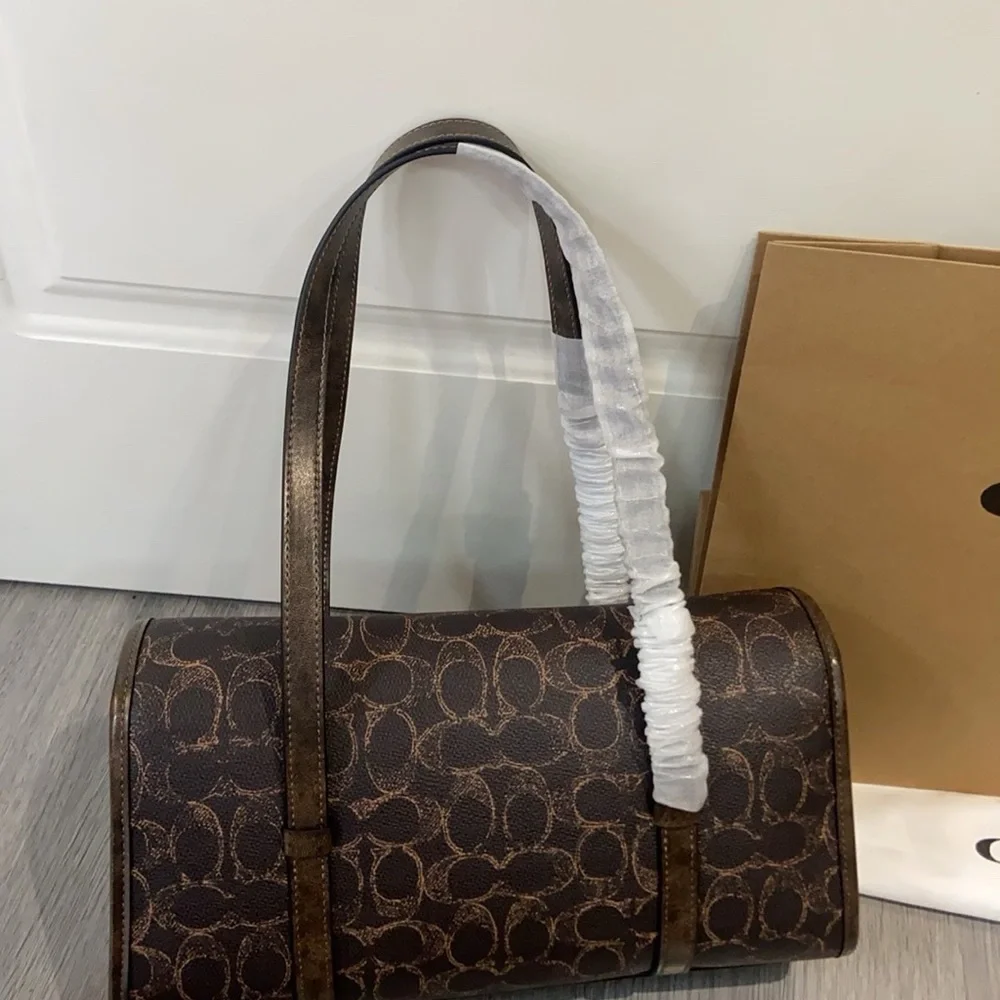 Coach Dark Brown Signature Canvas Shoulder Bag with Gold Logo